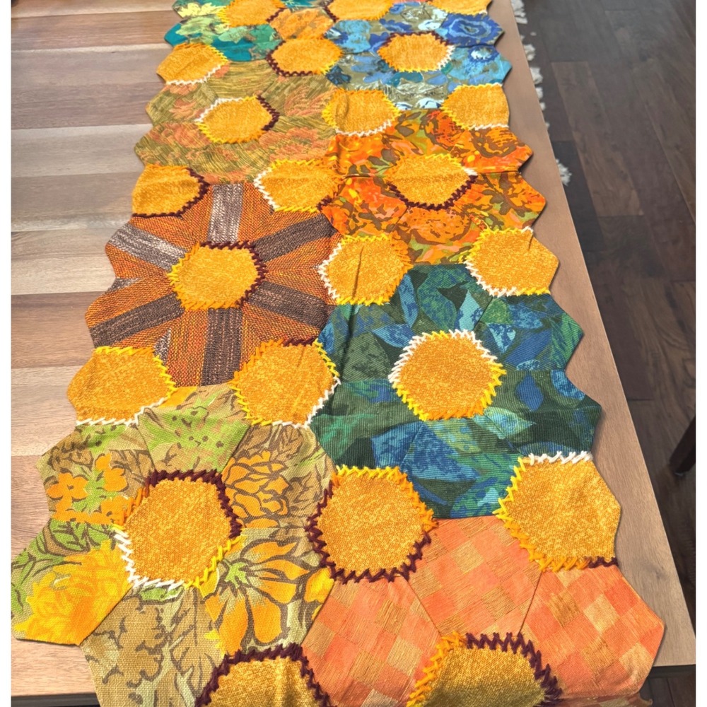 Vintage Handmade Patchwork Hexagon Table Runner Boho Cottagecore. 70s-80s